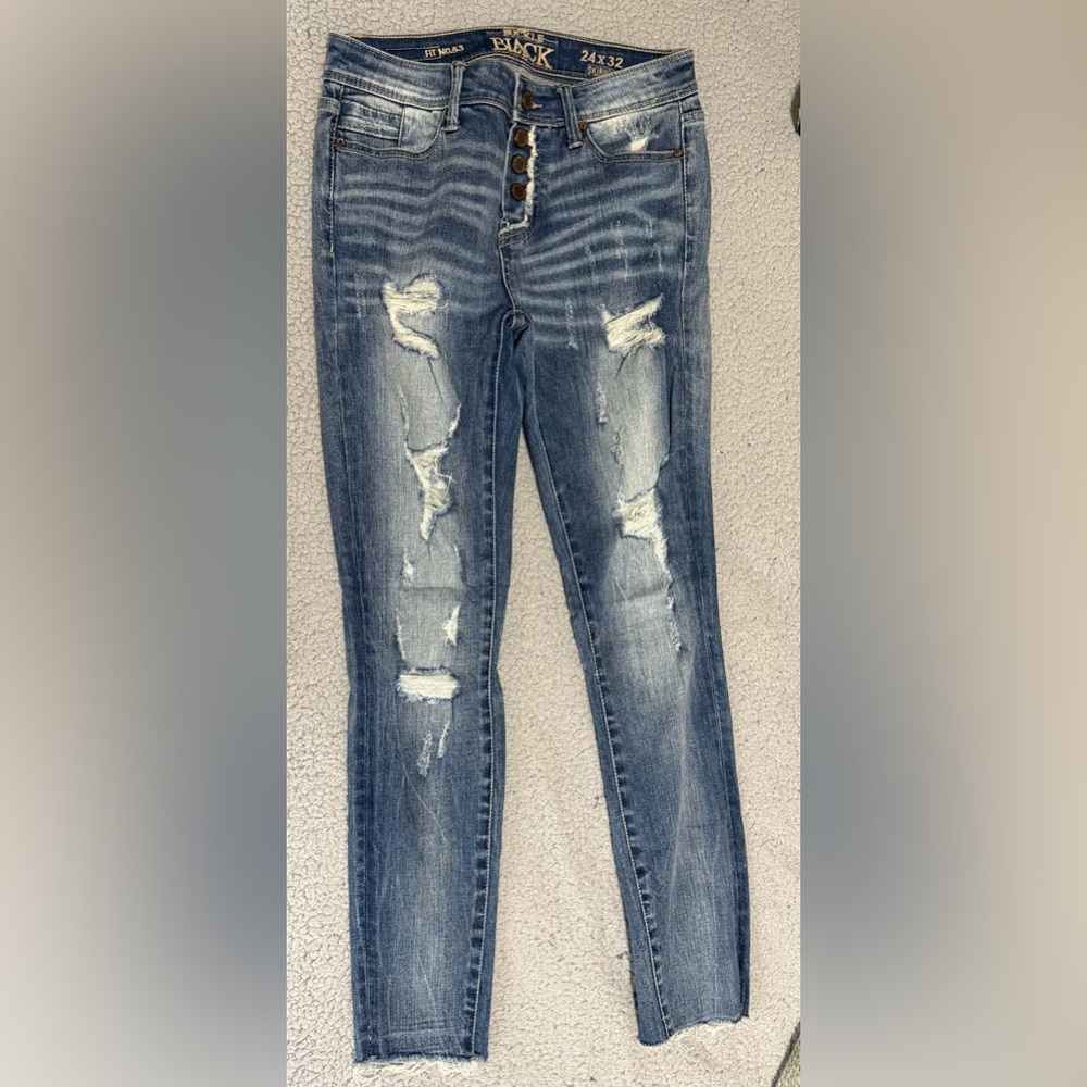 Buckle Black High Waisted Button Fly Distressed Skinny Jeans